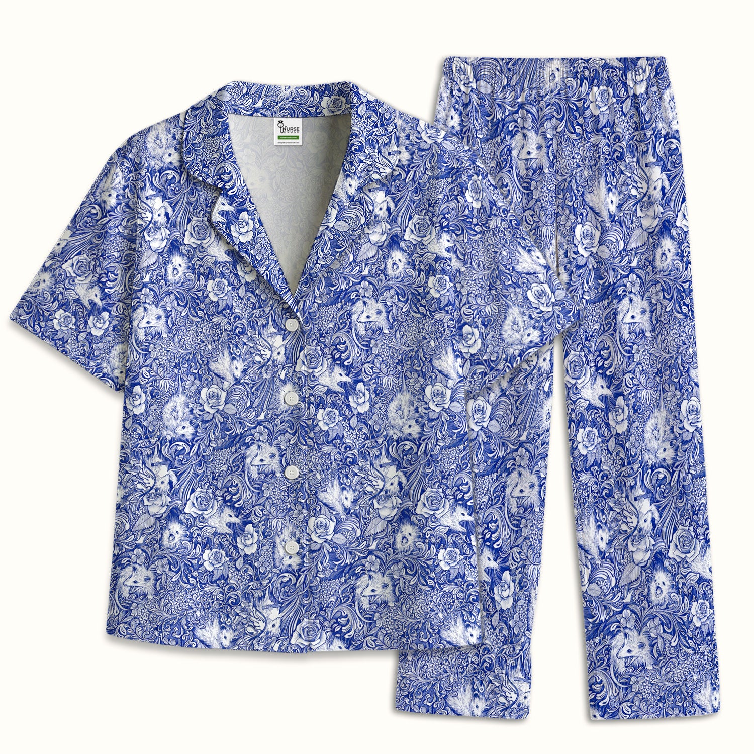 Blue Toile Opossum Floral Pattern Pajama Set, Soft Breathable Fabric Comfortable Sleepwear