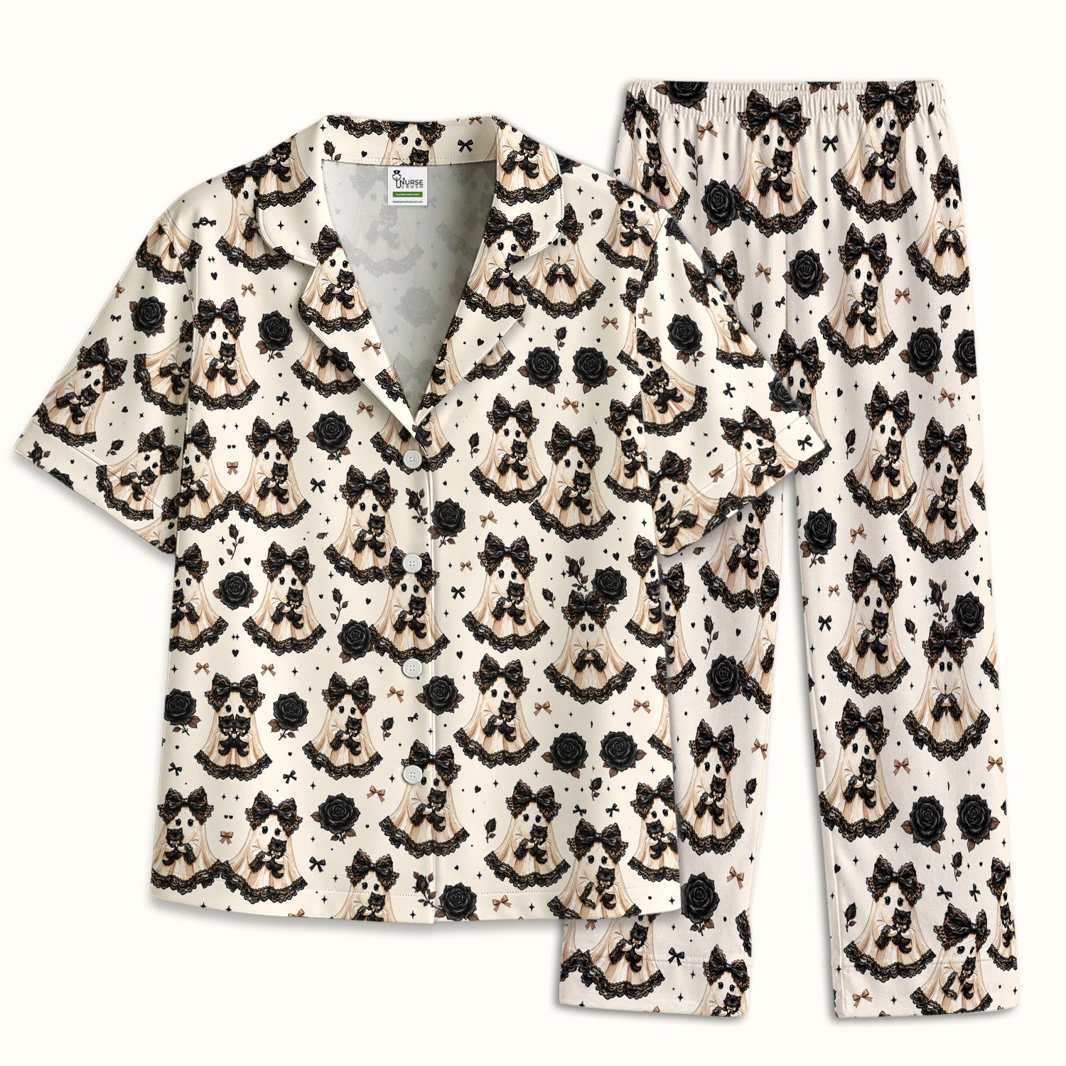 Halloween Ghost Black Cat Pattern Pajama Set, Soft Breathable Fabric Comfortable Sleepwear