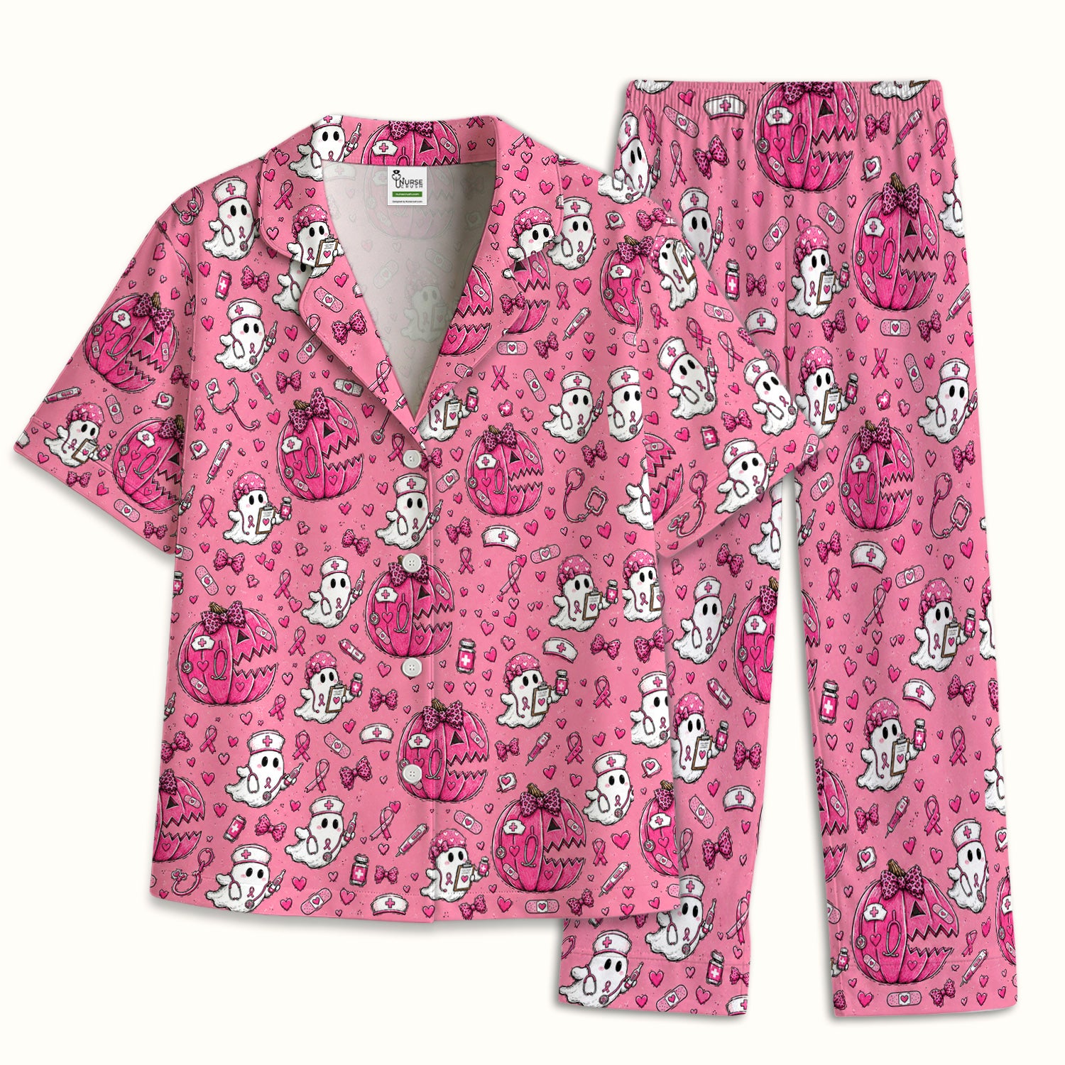 Pink Ribbon Ghost Pattern Pajama Set, Soft Breathable Fabric Comfortable Sleepwear