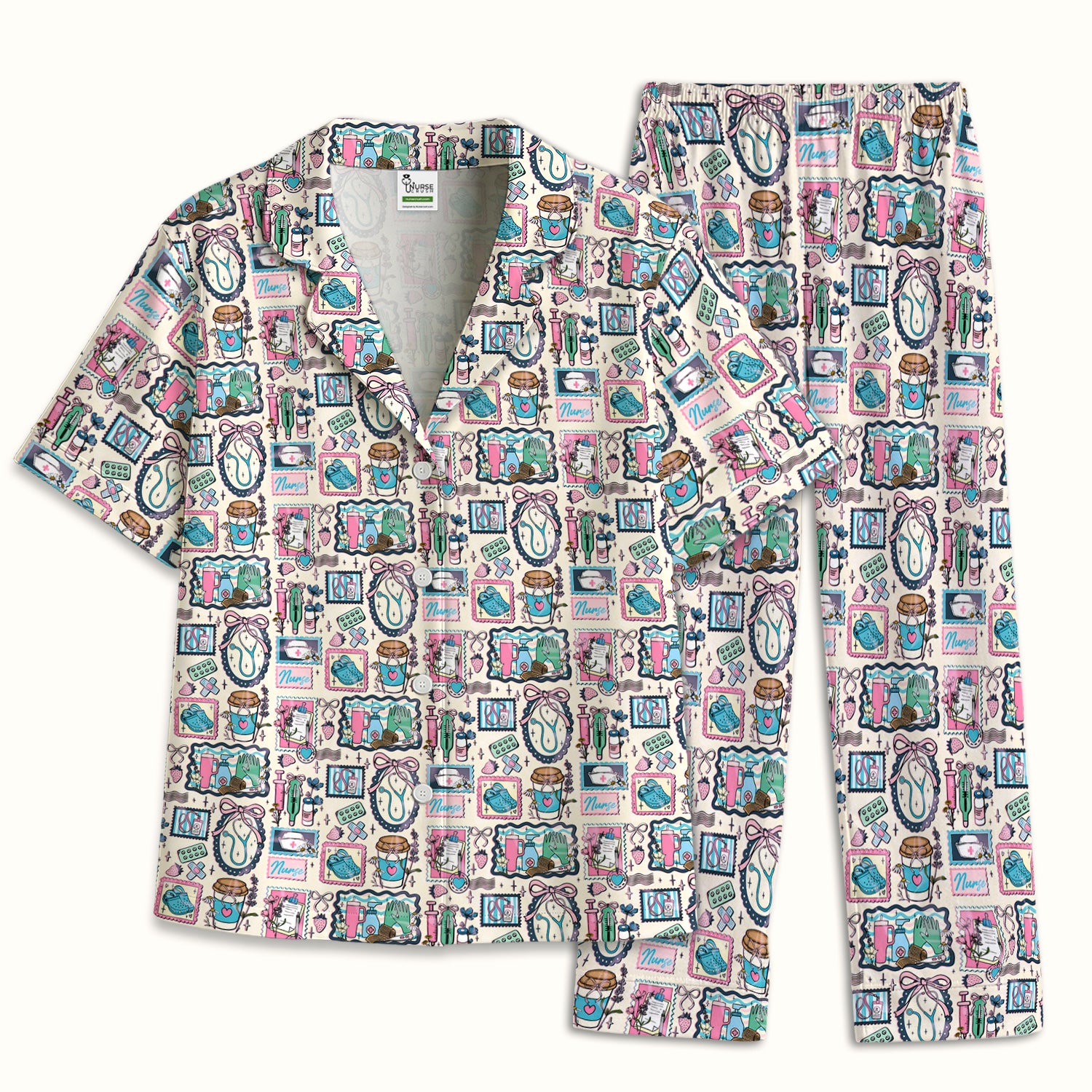 Medical Tools Stethoscope Syringe Frame Pajama Set, Breathable Fabrics Uniform