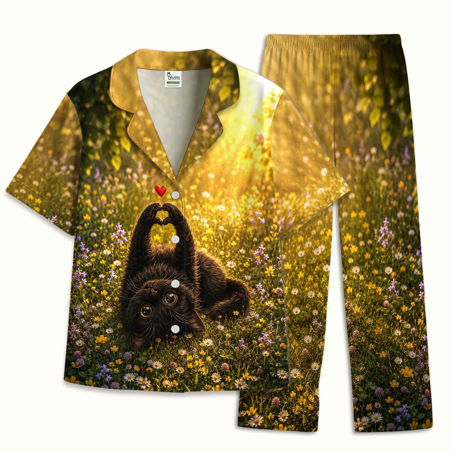 Upside Down Black Cat Meadow Pattern Pajama Set, Soft Breathable Fabric Comfortable Sleepwear