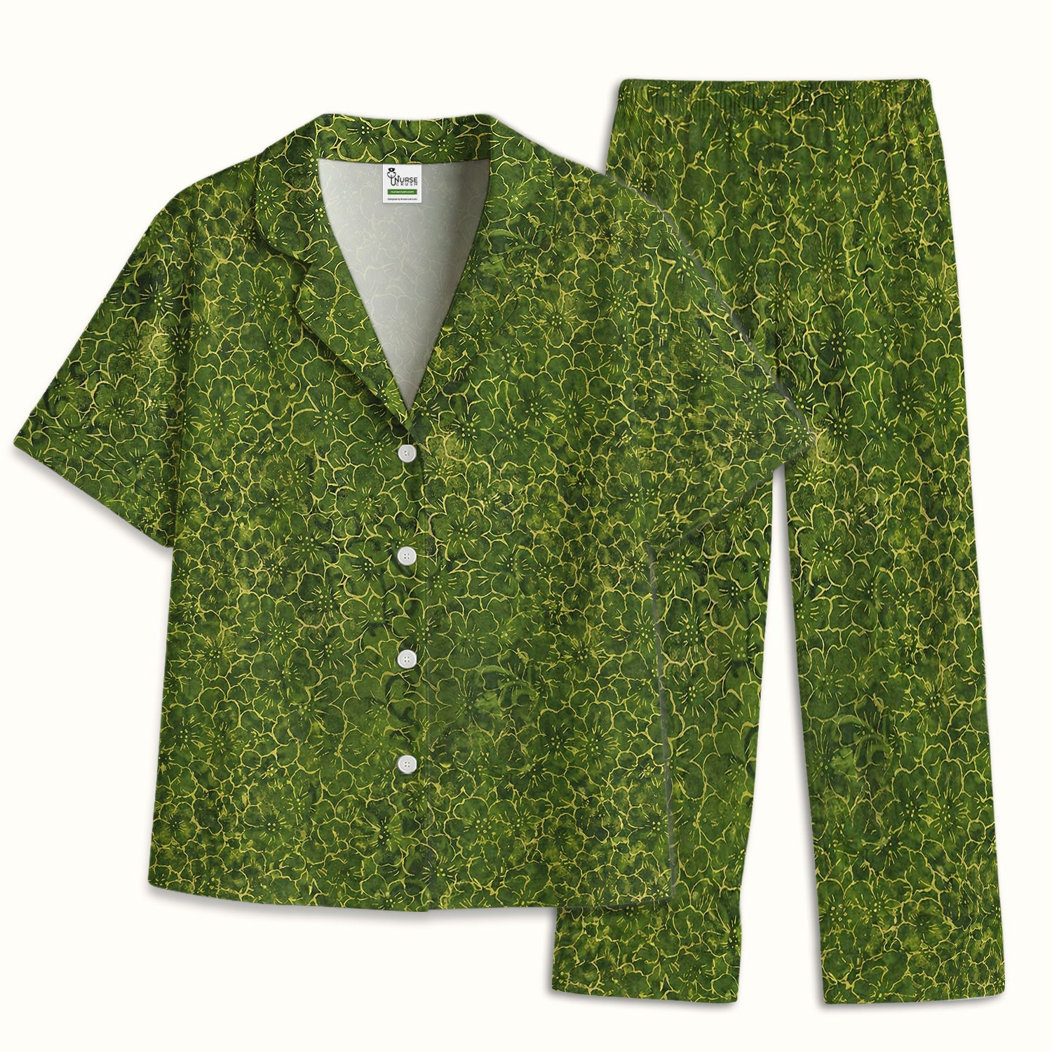 Green Floral Blossom Pattern Pajama Set, Soft Breathable Fabric Comfortable Sleepwear