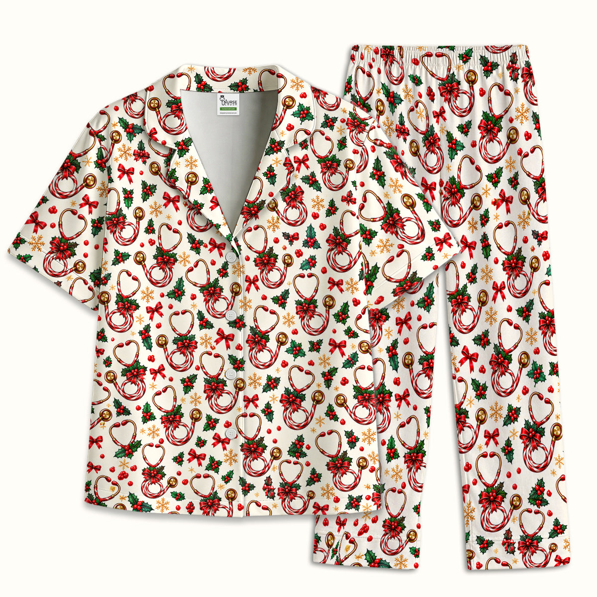 Christmas Candy Cane Stethoscope Pattern Pajama Set, Soft Breathable Fabric Comfortable Sleepwear
