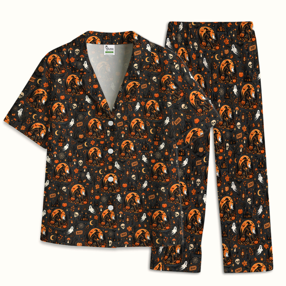 Halloween Bigfoot Ghost with Pumpkin Pajama Set, Soft Breathable Fabric Comfortable Sleepwear