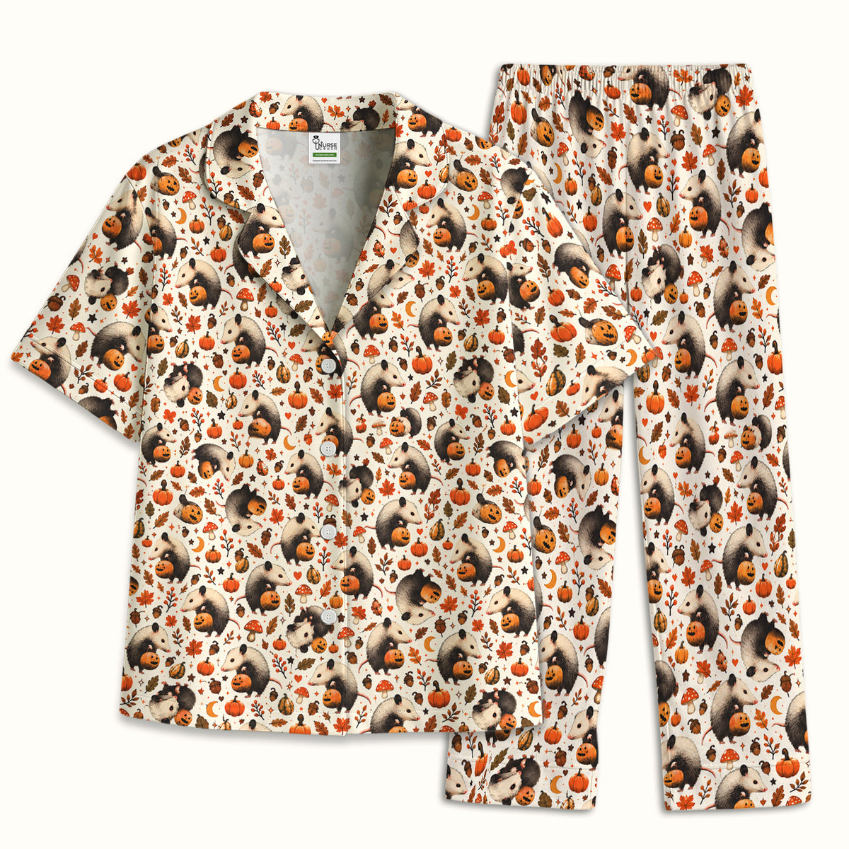 Halloween Opossum Pumpkin Patch Pattern Pajama Set, Soft Breathable Fabric Comfortable Sleepwear