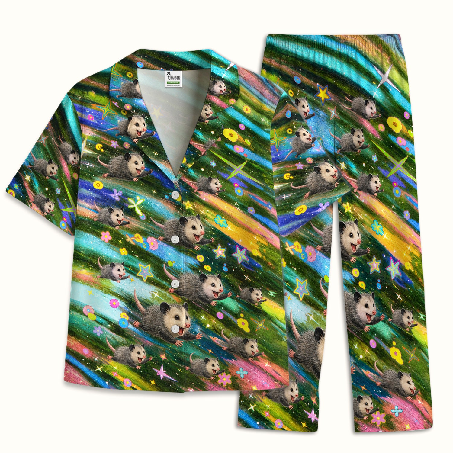 Colorful Opossum Rainbow Stars Print Pajama Set, Soft Breathable Fabric Comfortable Sleepwear