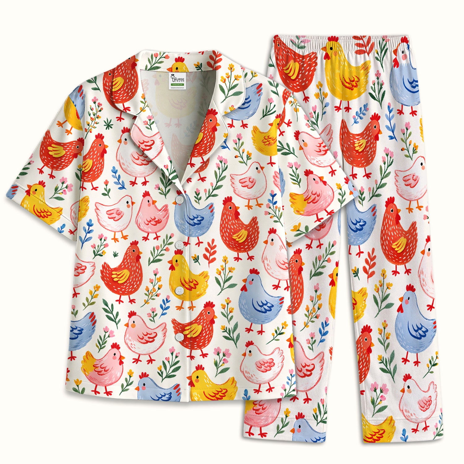 Fun Cartoon Hen Print Pajama Set, Breathable Fabrics Uniform