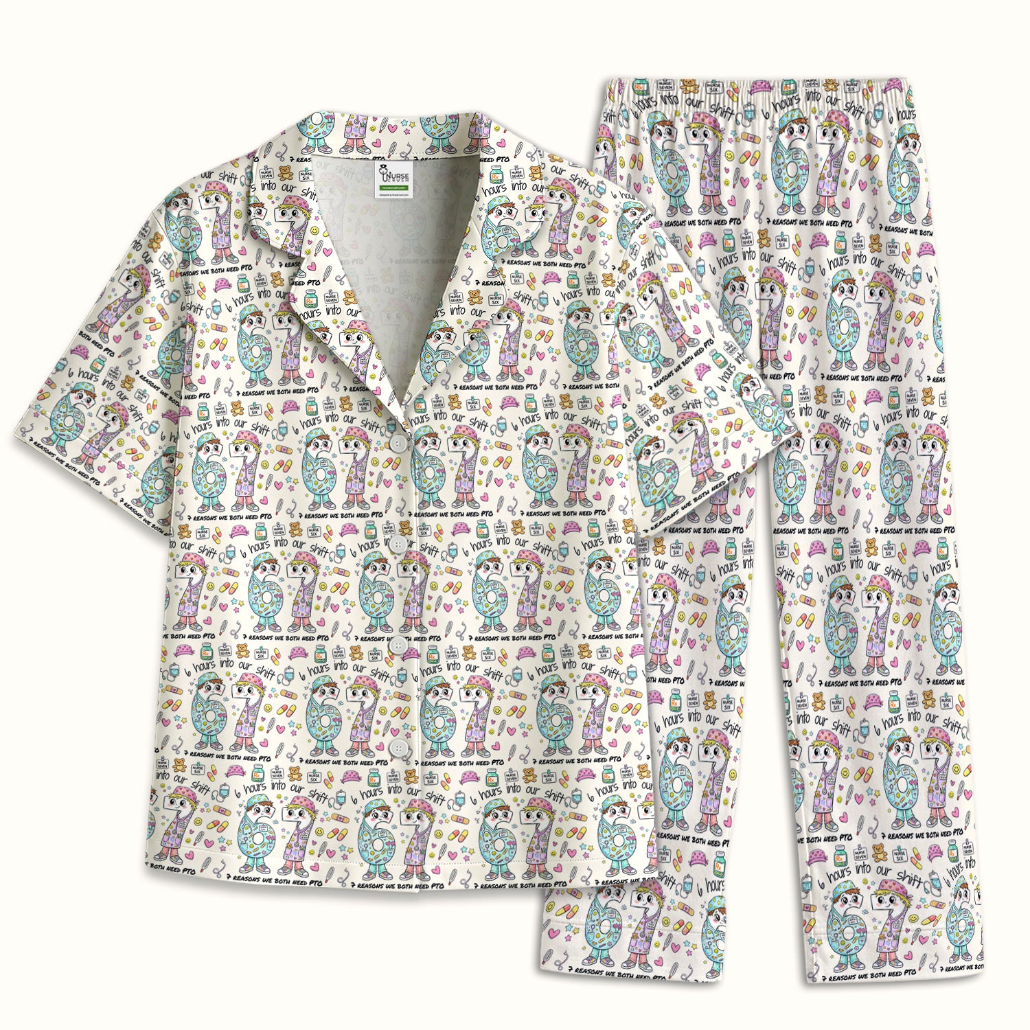 Cartoon Characters Six Hours Into Shift With Medical Doodle Pajama Set, Breathable Fabrics Uniform