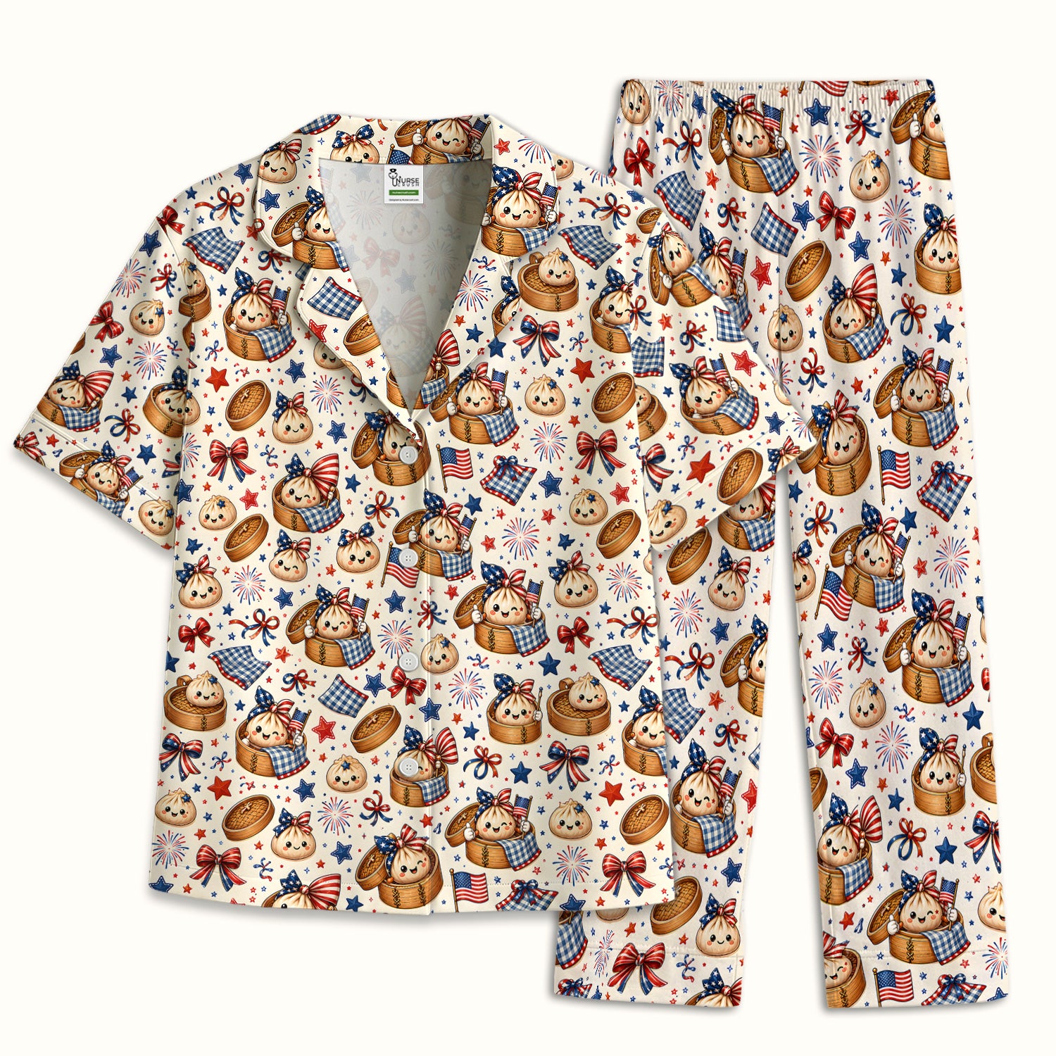 Patriotic Dumpling Nurse Pattern Pajama Set, Soft Breathable Fabric Comfortable Sleepwear
