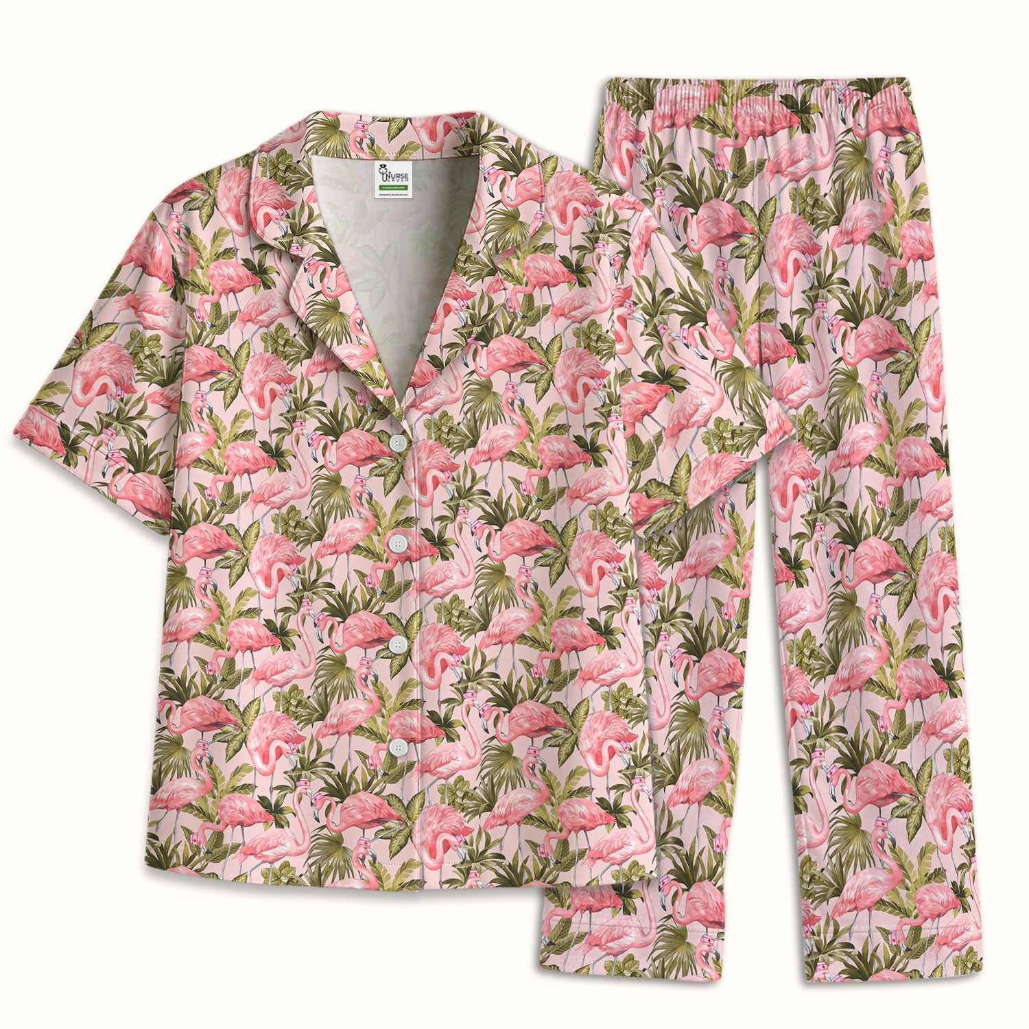 Pink Flamingo Jungle Leaves Pattern Pajama Set, Breathable Fabrics Uniform