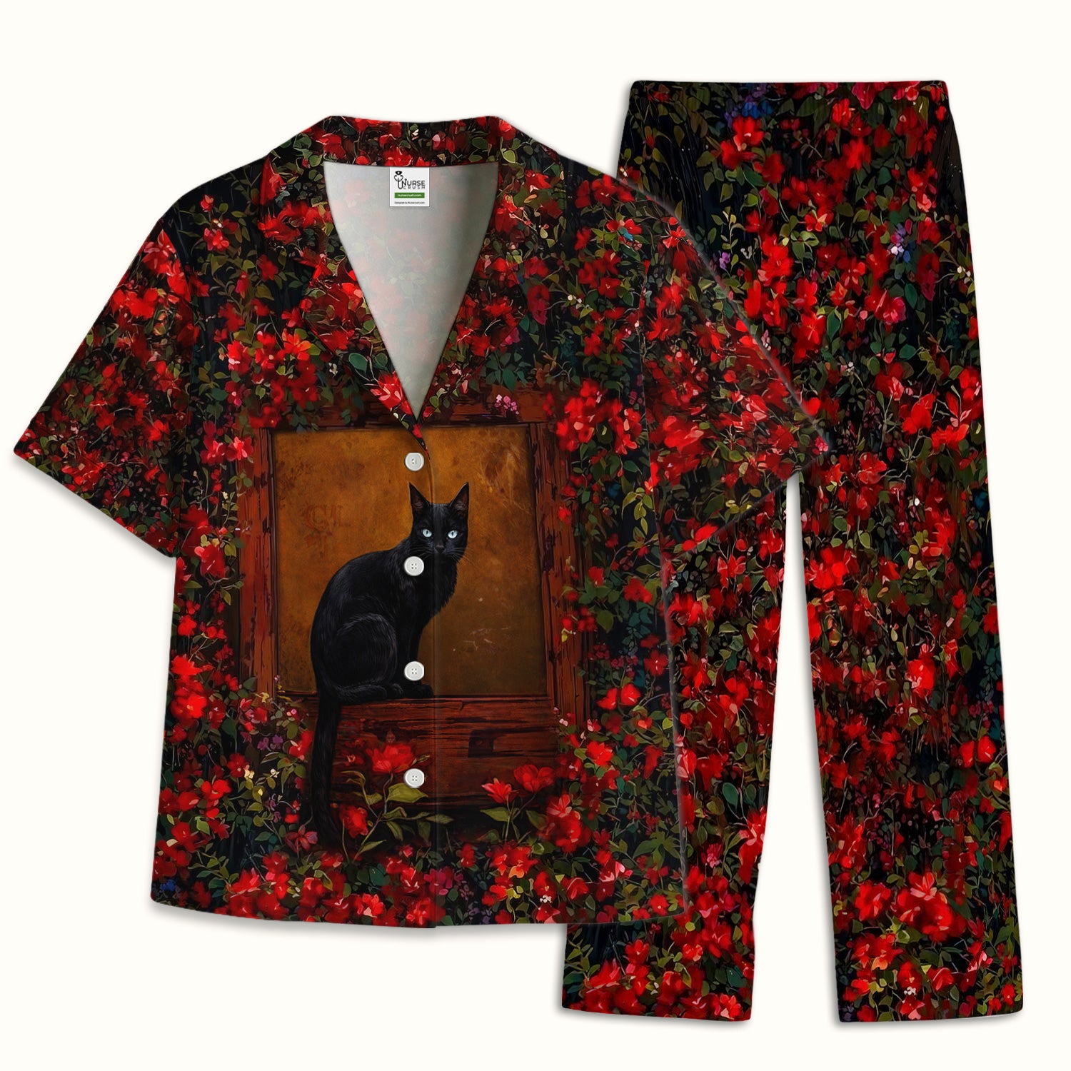 Black Cat Sitting By Red Floral Garden Window Pajama Set, Breathable Fabrics Uniform