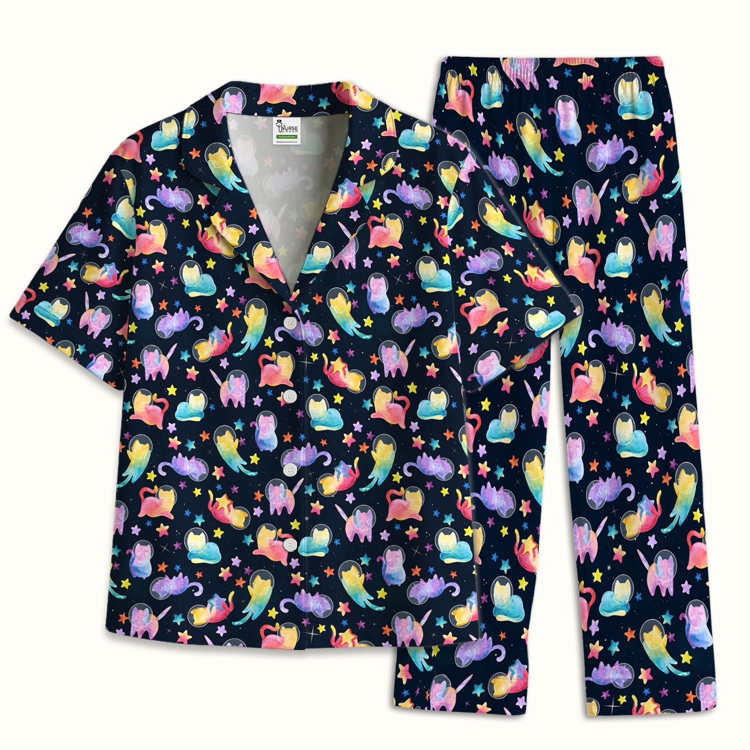 Cute Space Cat Veterinary Pattern Pajama Set, Soft Breathable Fabric Comfortable Sleepwear
