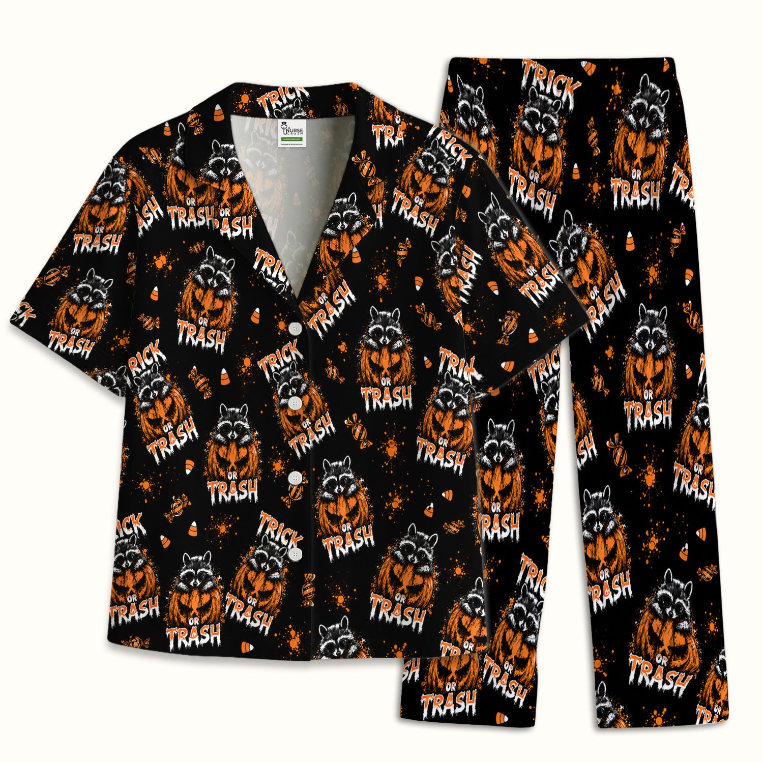 Funny Halloween Trick Or Trash Raccoon Pajama Set, Soft Breathable Fabric Comfortable Sleepwear