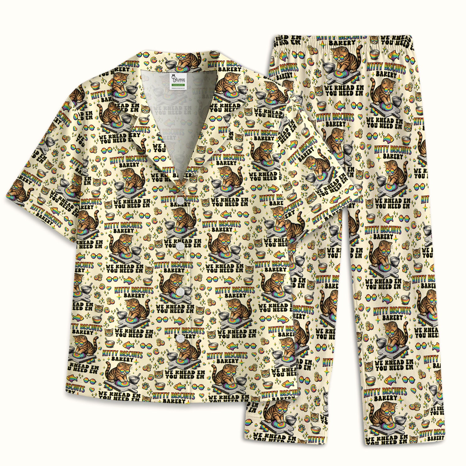 Pride Nurse Cat Baking Rainbow Dough Pattern Pajama Set, Breathable Fabrics Uniform