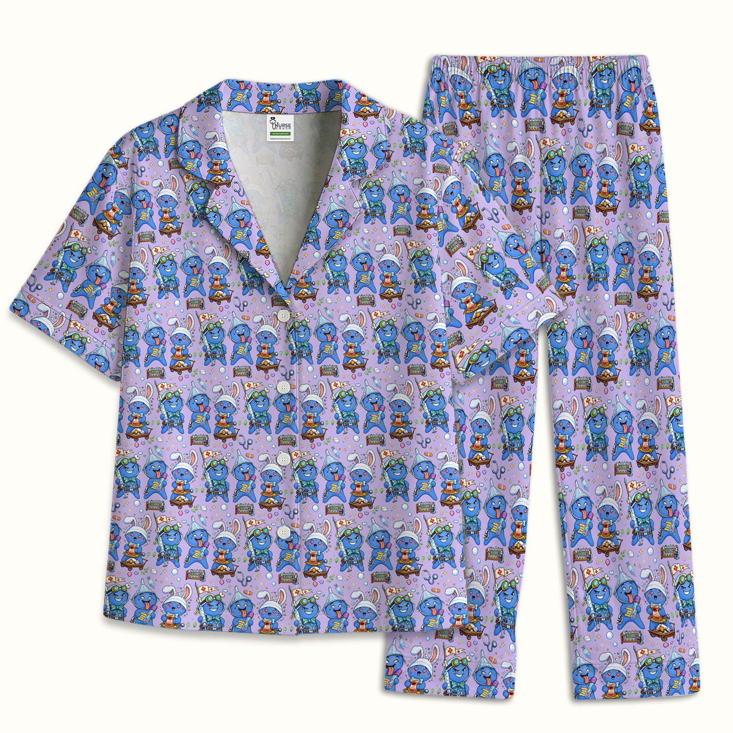 Cute Glove Doll Hospital Medical Cartoon Nurse Pattern Pajama Set, Breathable Fabrics Uniform