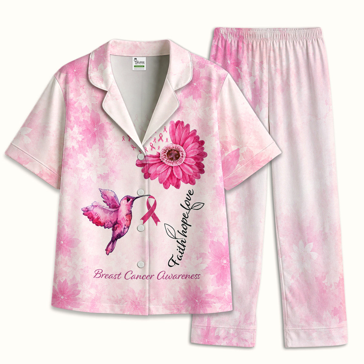Breast Cancer Awareness Hummingbird Pattern Pajama Set, Soft Breathable Fabric Comfortable Sleepwear