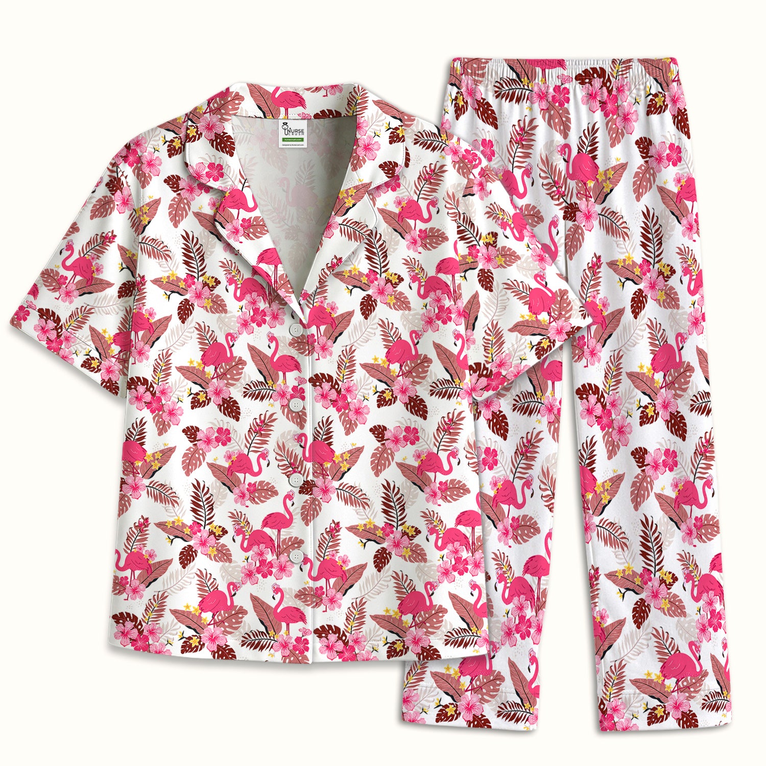 Pink Flamingo Tropical Floral Pajama Set, Breathable Fabrics Uniform