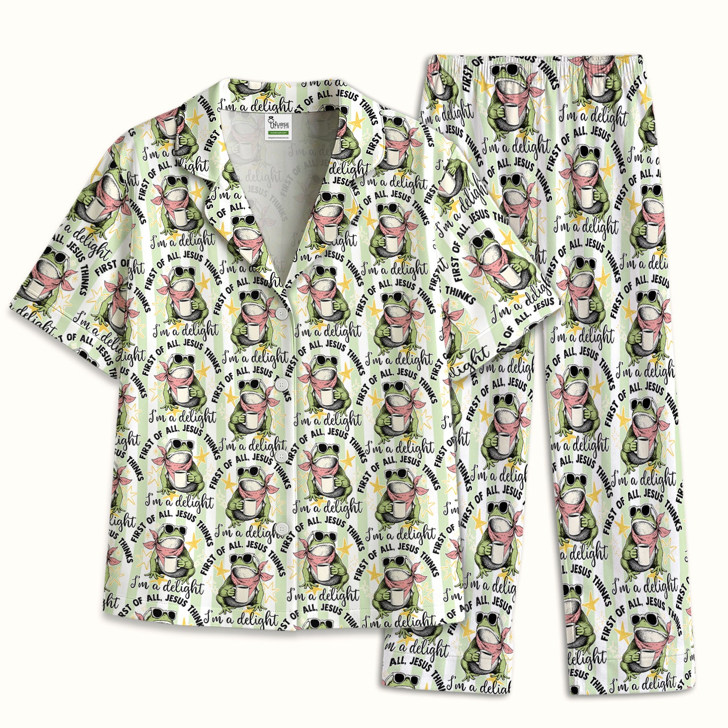 Funny Frog Coffee Quote Pattern Pajama Set, Soft Breathable Fabric Comfortable Sleepwear
