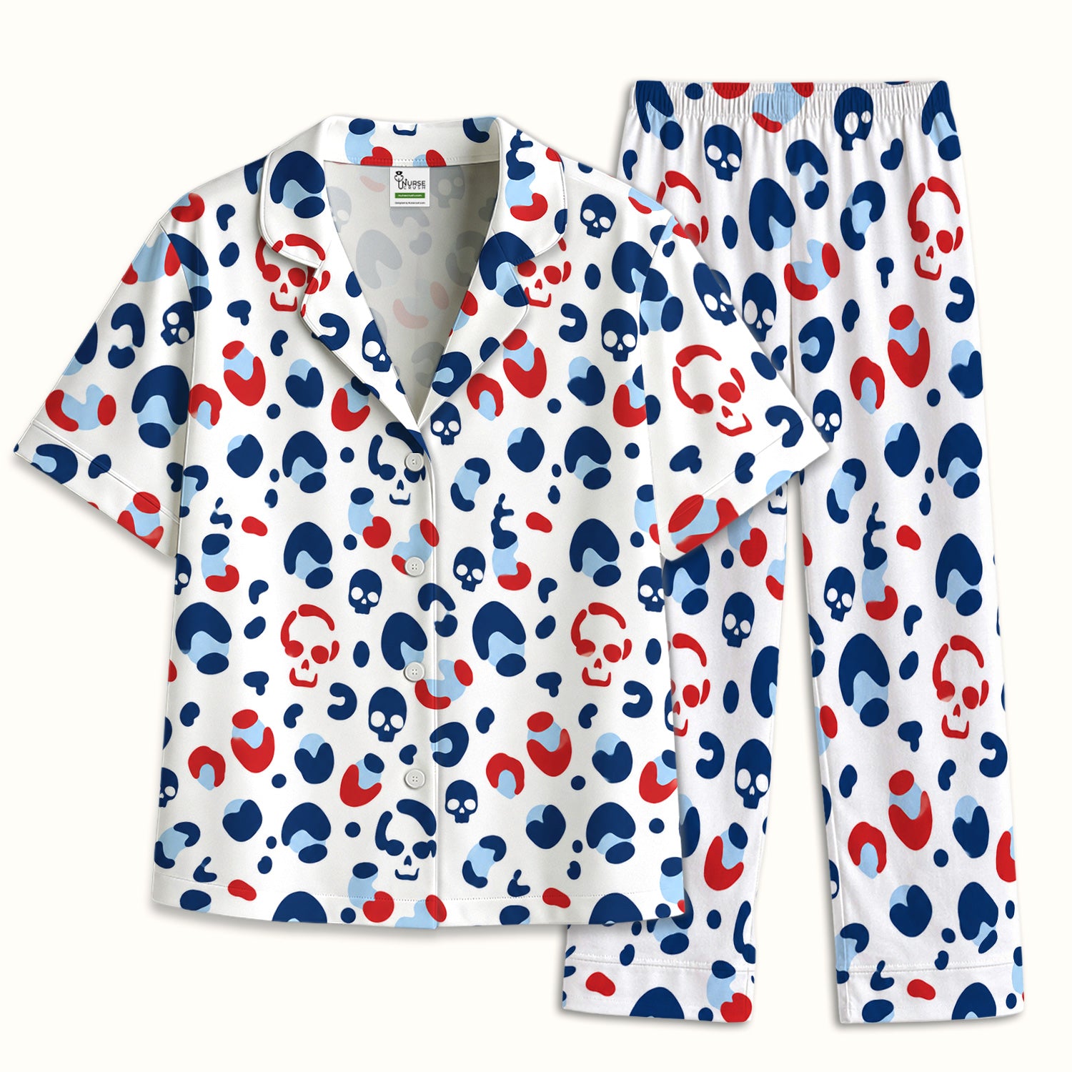 Red Blue Skull Leopard Pattern Pajama Set, Soft Breathable Fabric Comfortable Sleepwear