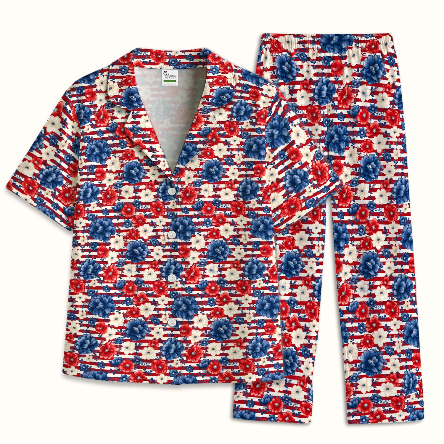 Patriotic Nurse Floral Stripe Pattern Pajama Set, Soft Breathable Fabric Comfortable Sleepwear