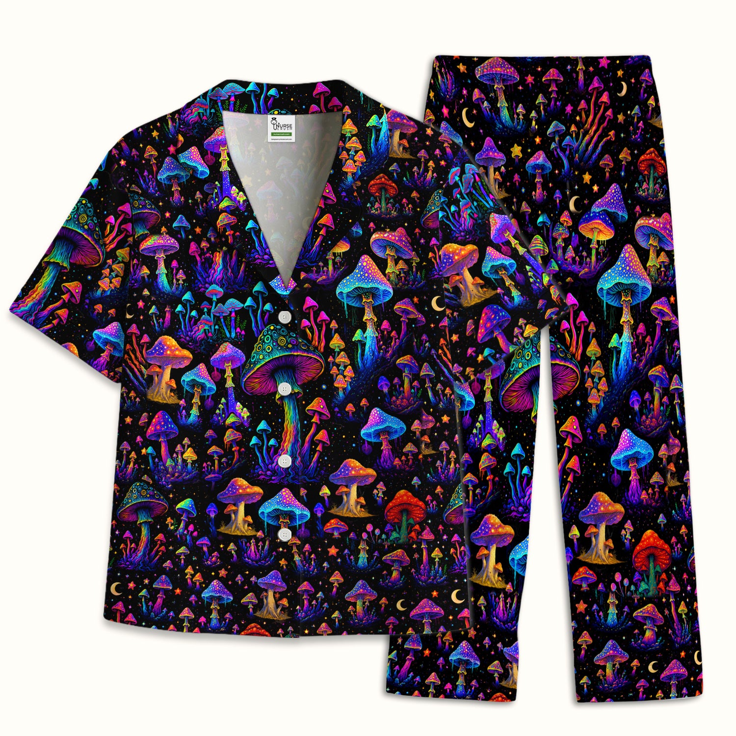 Neon Fantasy Mushroom Print Pajama Set, Soft Breathable Fabric Comfortable Sleepwear