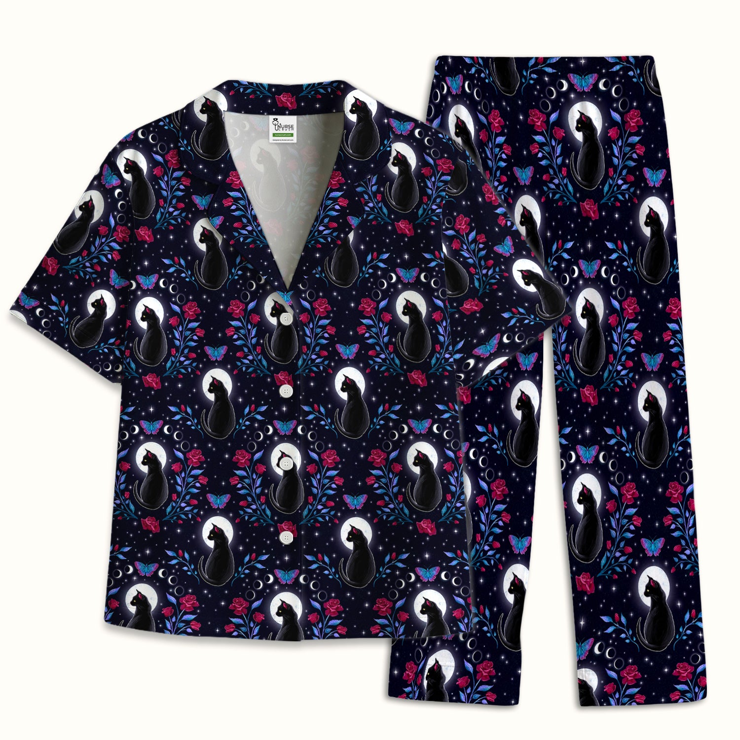 Black Cat Moon Rose Print Pajama Set, Soft Breathable Fabric Comfortable Sleepwear