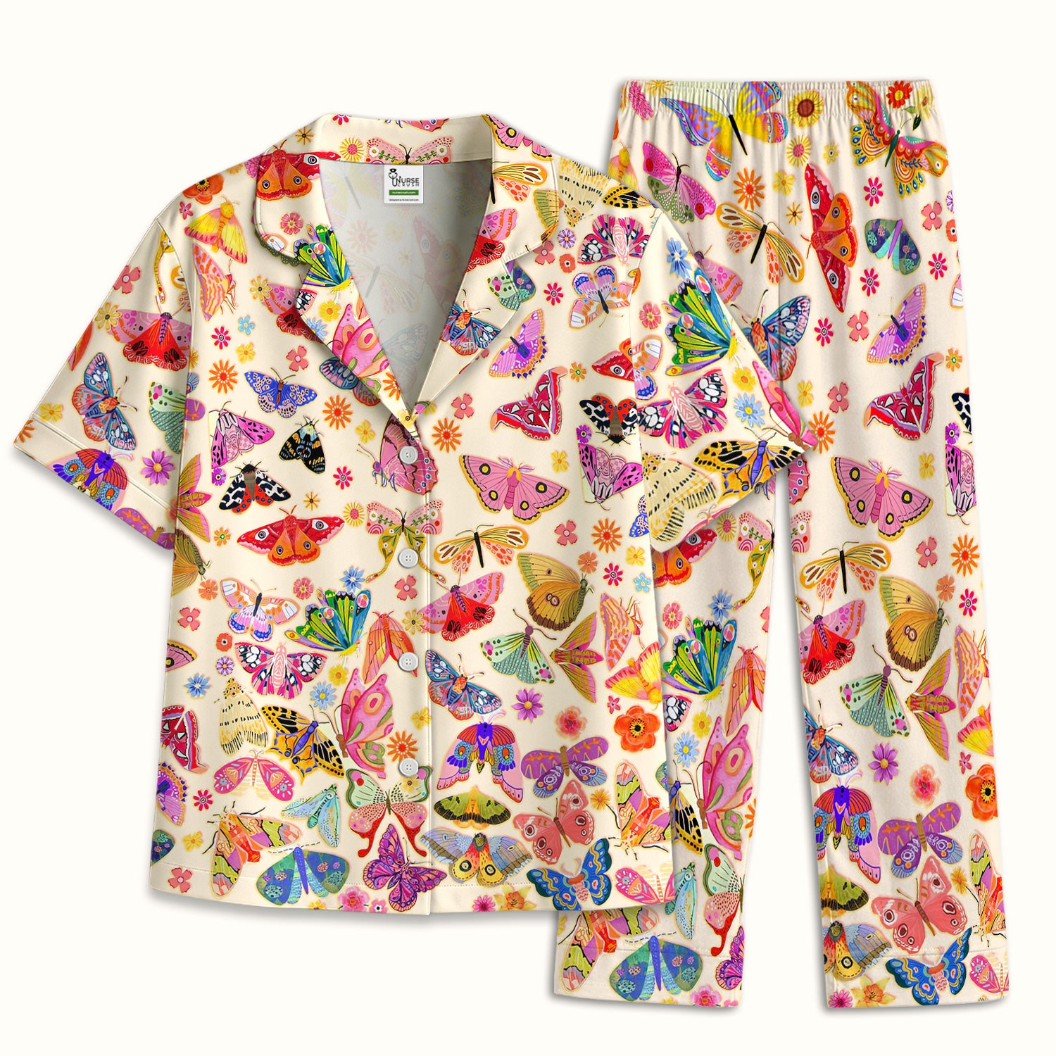 Colorful Butterfly Floral Pattern Pajama Set, Soft Breathable Fabric Comfortable Sleepwear
