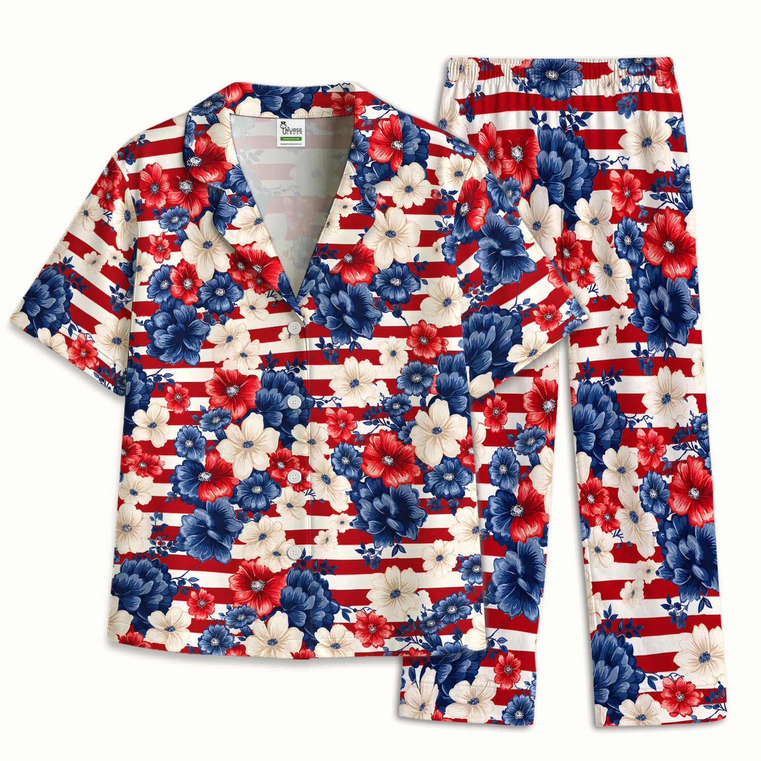Patriotic Floral Nurse for RN & CNA, American Flag Healthcare Workers Medical Uniform Pajama Set, Soft Breathable Fabric Comfortable Sleepwear