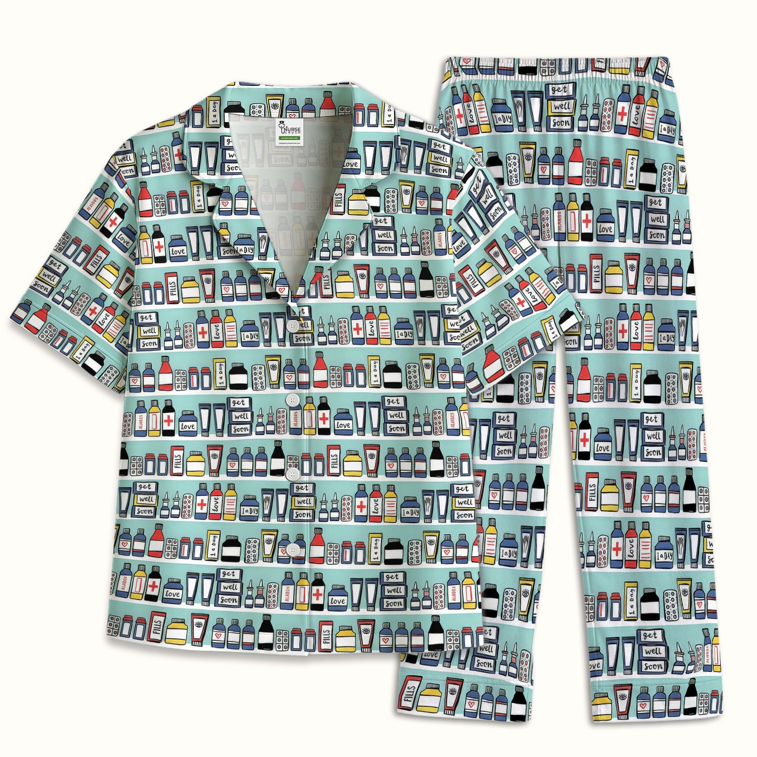 Medicine Bottle Pharmacy Pills Care Pattern Pajama Set, Breathable Fabrics Uniform