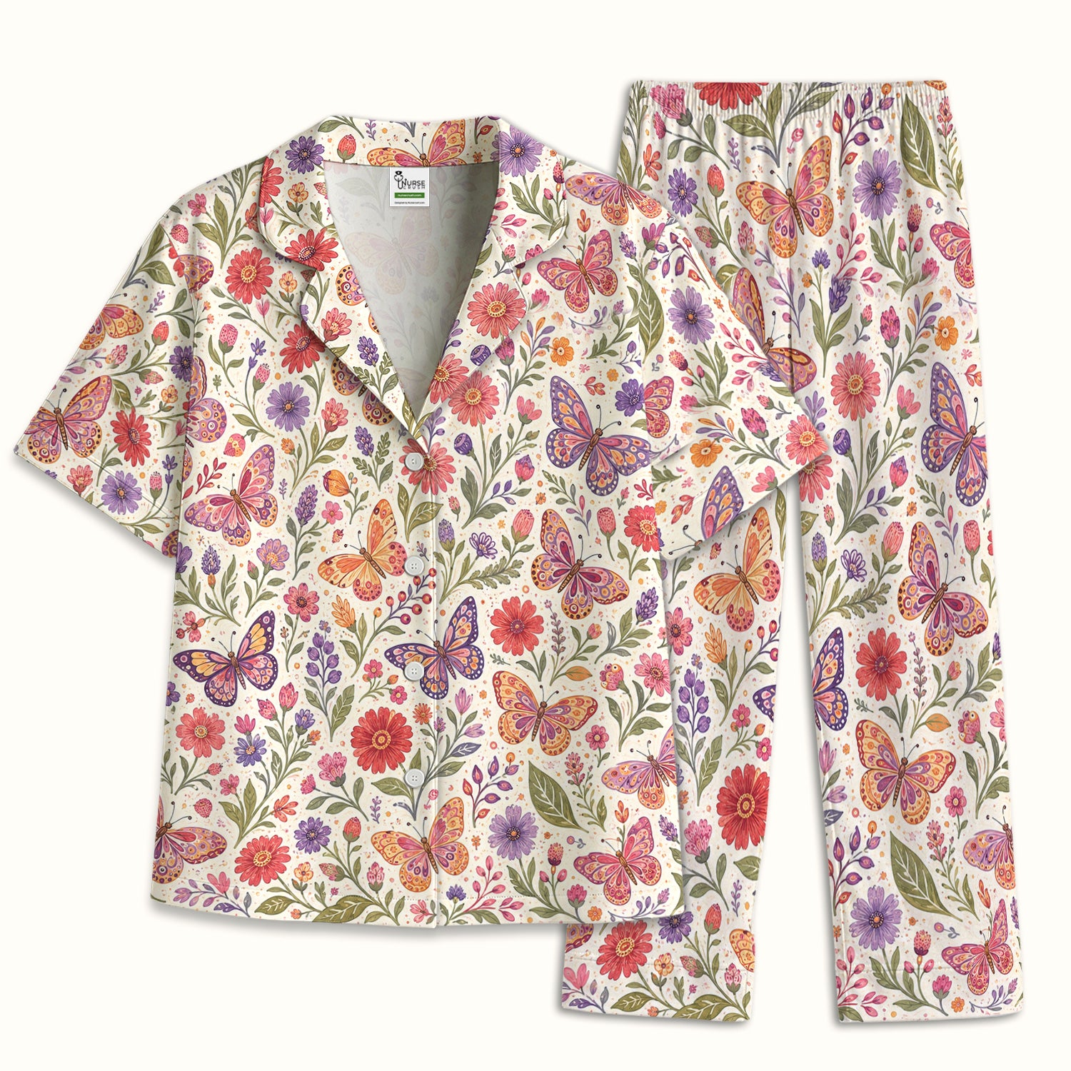 Floral Butterfly Pediatric Nurse Pattern Pajama Set, Soft Breathable Fabric Comfortable Sleepwear