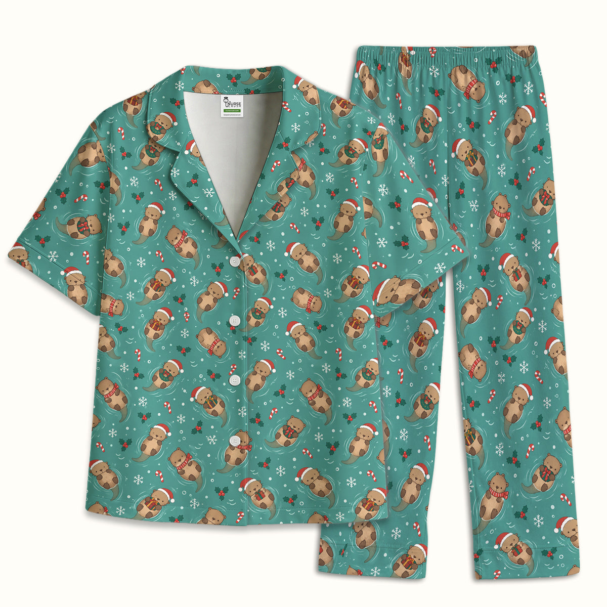 Christmas Sea Otters And Gifts Pajama Set, Soft Breathable Fabric Comfortable Sleepwear