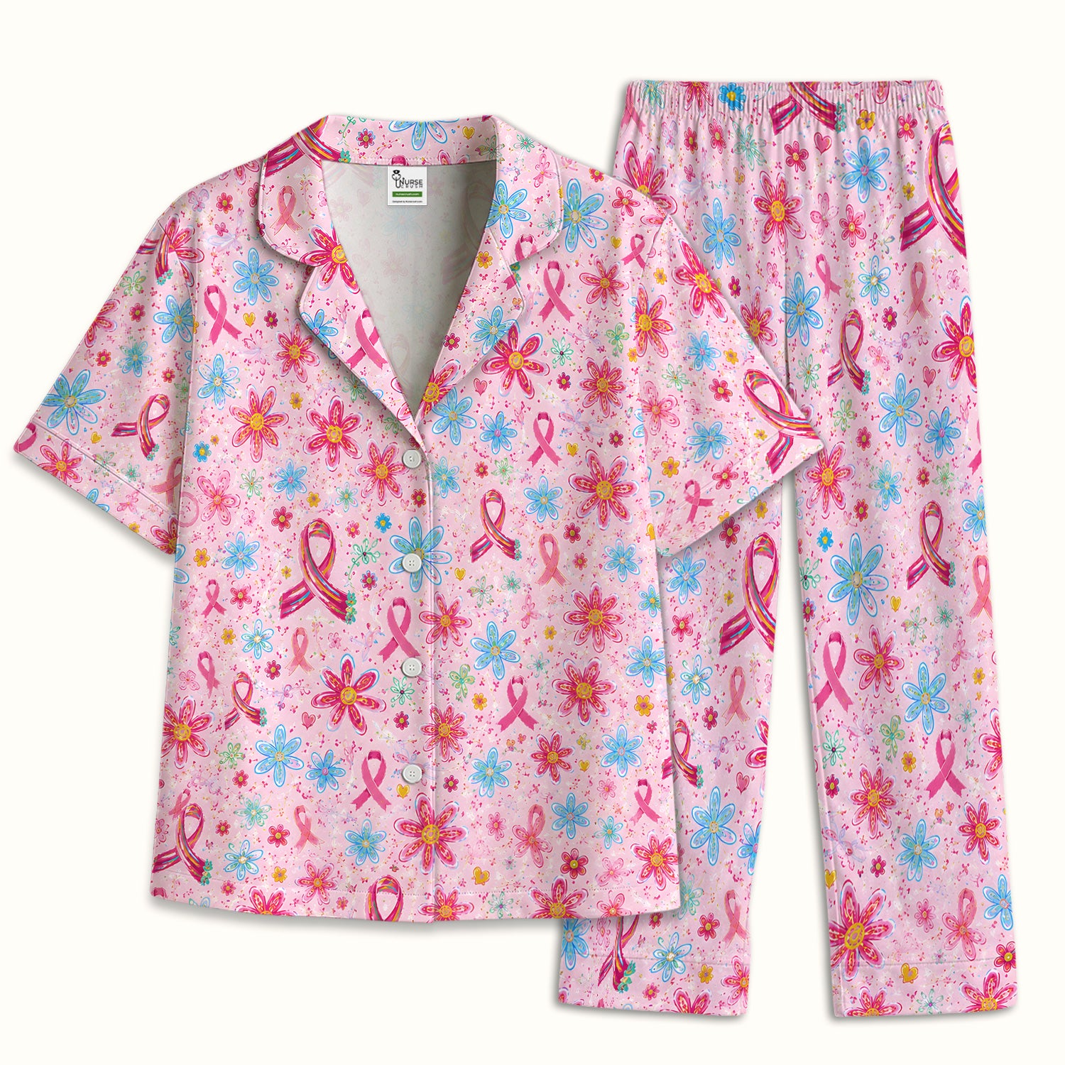 Floral Breast Cancer Awareness Print Pajama Set, Soft Breathable Fabric Comfortable Sleepwear