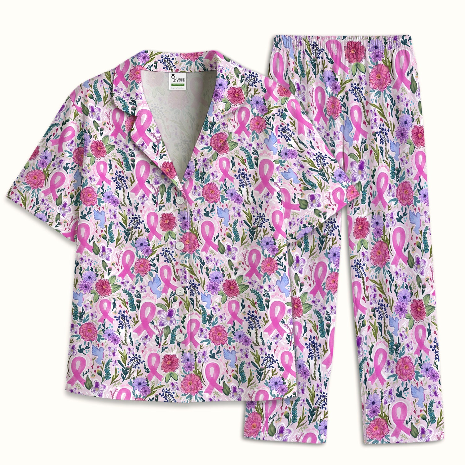 Floral Pink Ribbon Print Pajama Set, Soft Breathable Fabric Comfortable Sleepwear