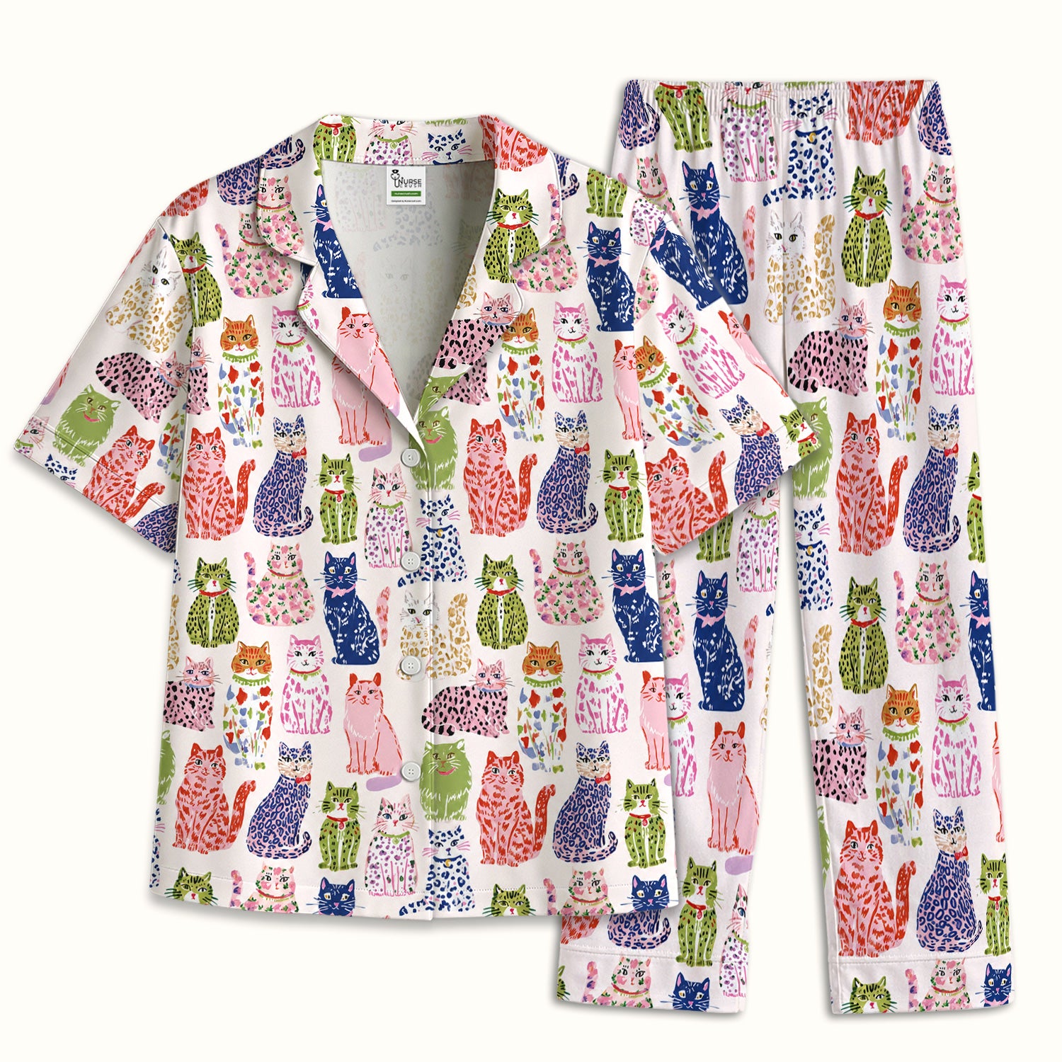 Colorful Cat with Playful Pet Pajama Set, Soft Breathable Fabric Comfortable Sleepwear