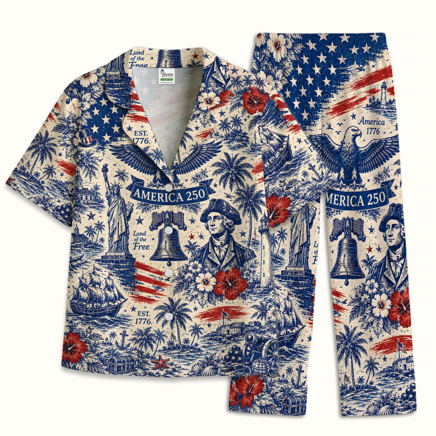 America 250 Eagle Liberty Pattern Pajama Set, Soft Breathable Fabric Comfortable Sleepwear