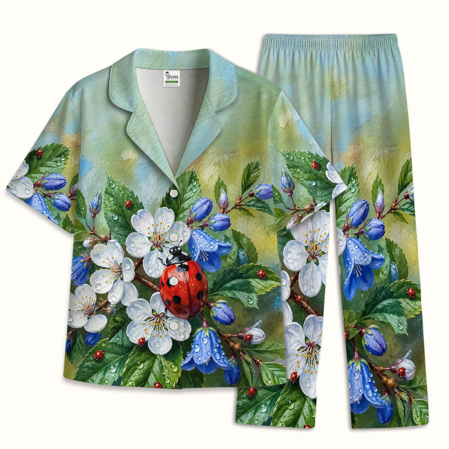 Cute Ladybug Blossom Garden Pattern Pajama Set, Soft Breathable Fabric Comfortable Sleepwear