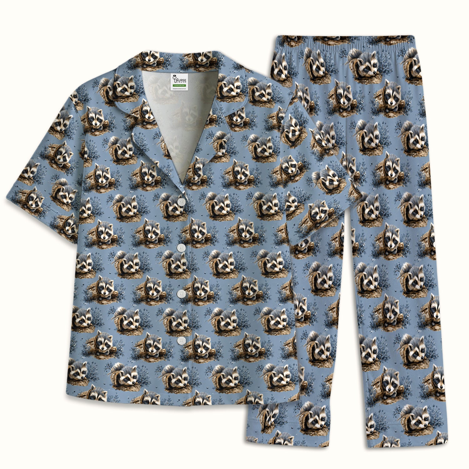 Cute Raccoon In Log Pattern Pajama Set, Soft Breathable Fabric Comfortable Sleepwear