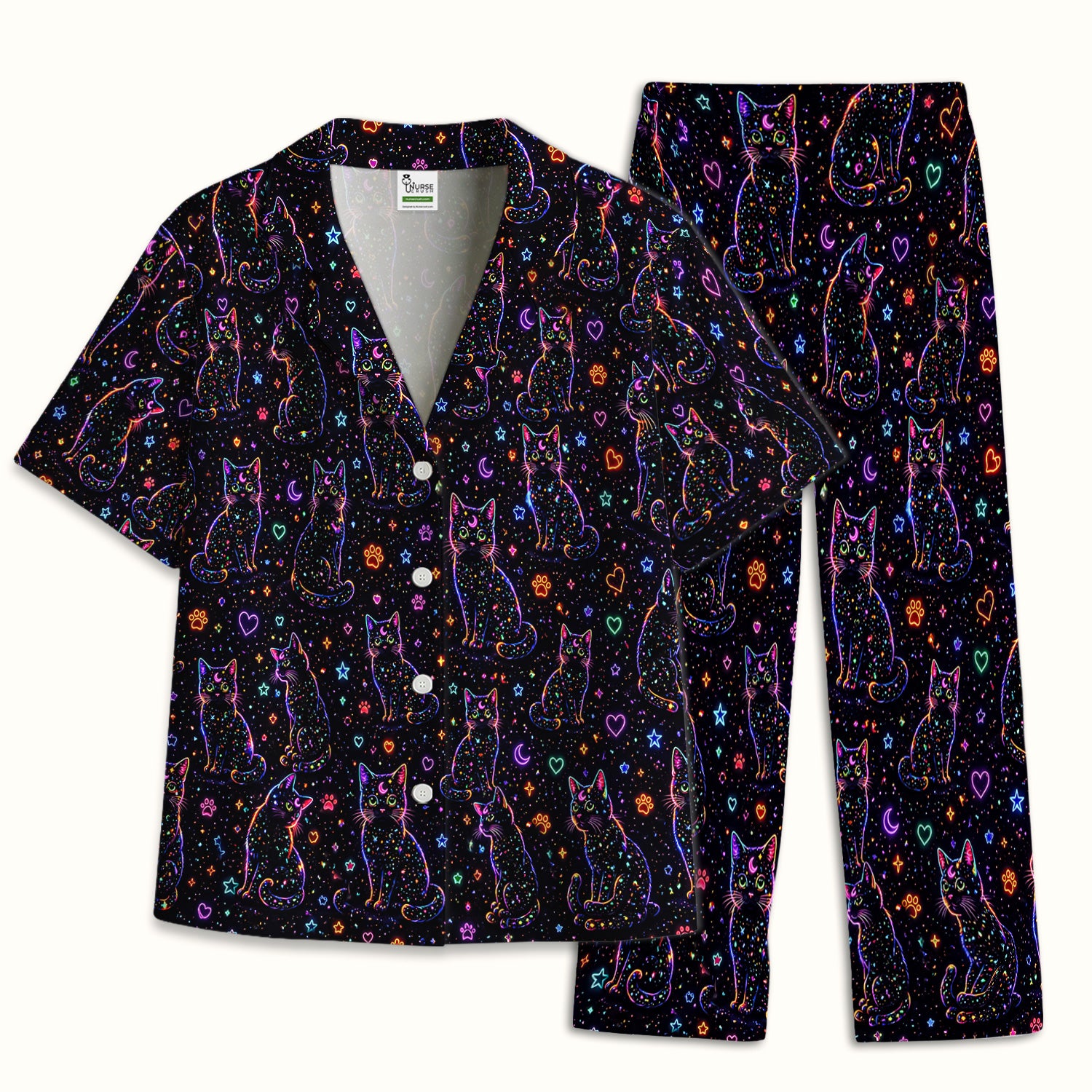Mystical Cosmic Moon Cat Pattern Pajama Set, Soft Breathable Fabric Comfortable Sleepwear
