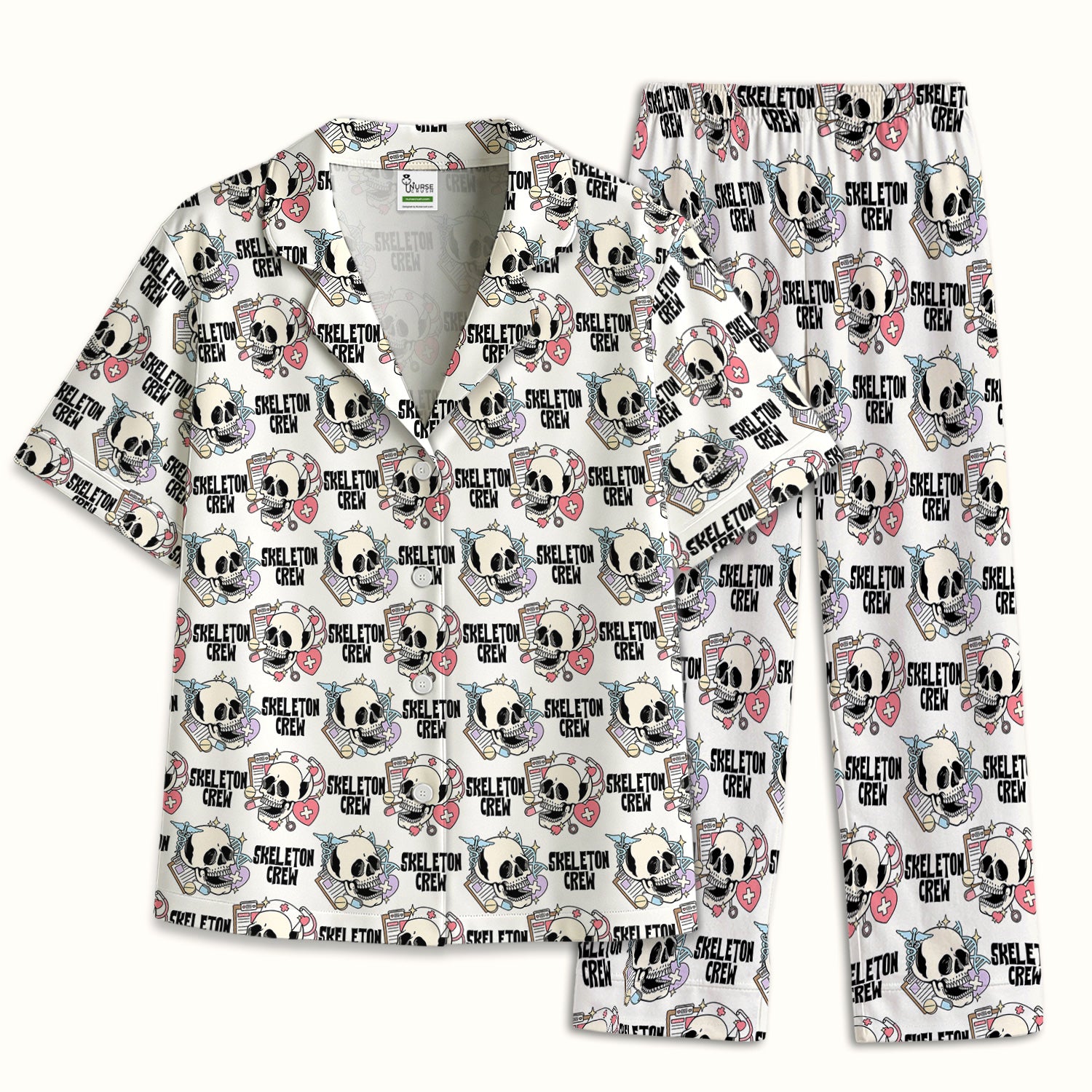 Funny Halloween Skeleton Crew Pajama Set, Soft Breathable Fabric Comfortable Sleepwear