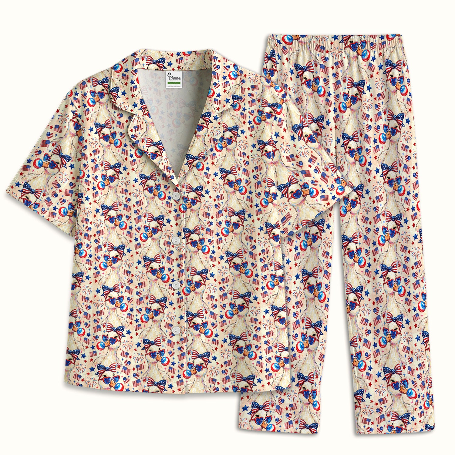 USA Flag 250th Patriotic Duck Sunglasses Pattern Pajama Set, Breathable Fabrics Uniform