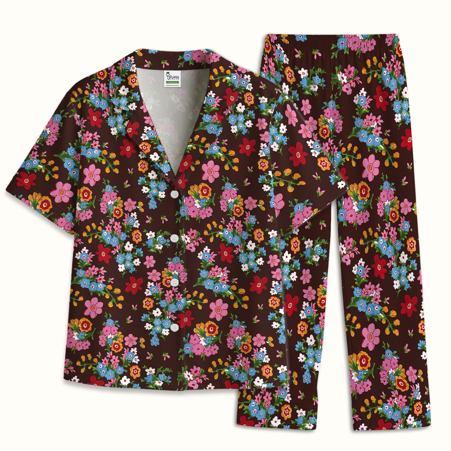 Charming Vintage Floral Bouquet Pattern Pajama Set, Breathable Fabrics Uniform