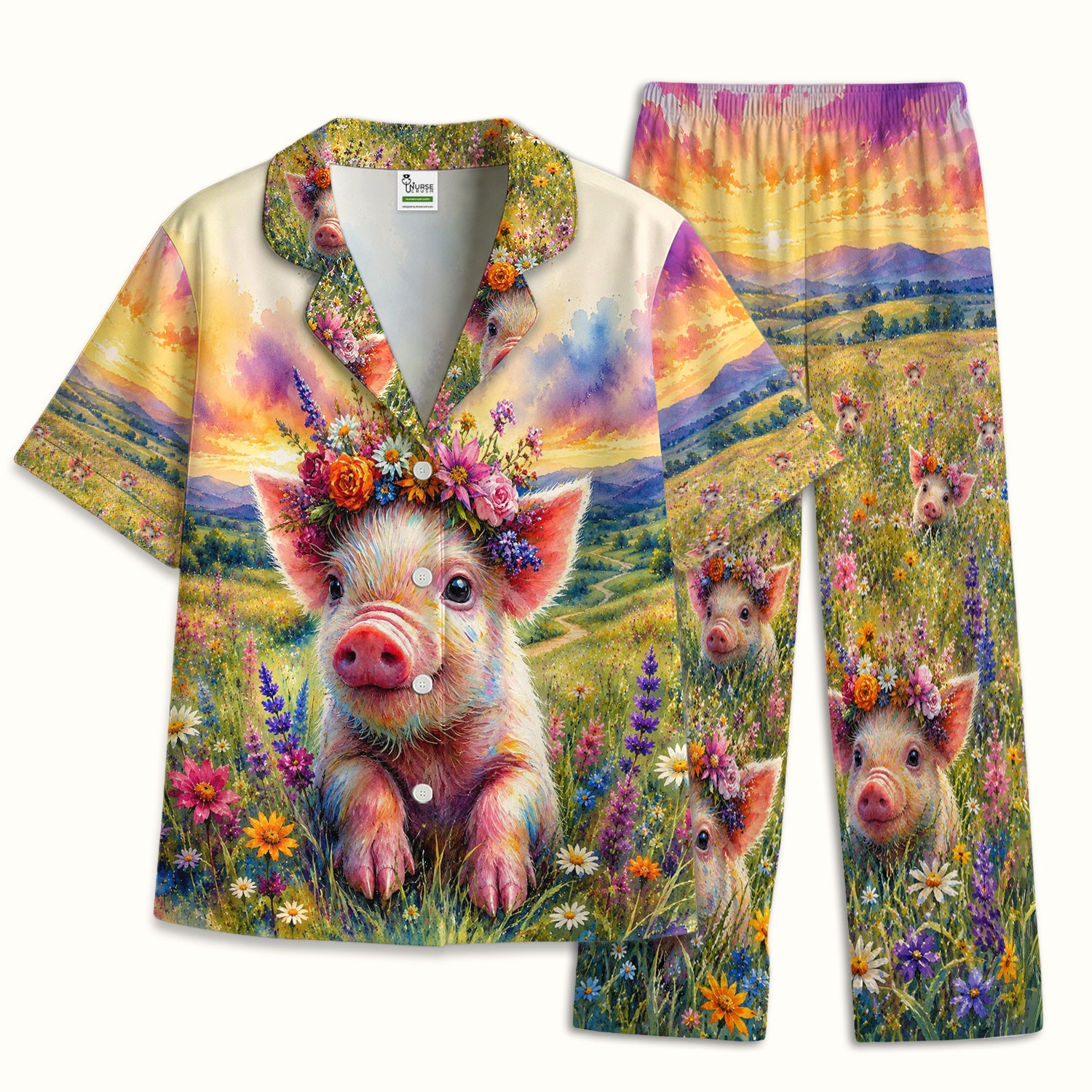Cute Floral Piglet Pediatric Pattern Pajama Set, Soft Breathable Fabric Comfortable Sleepwear
