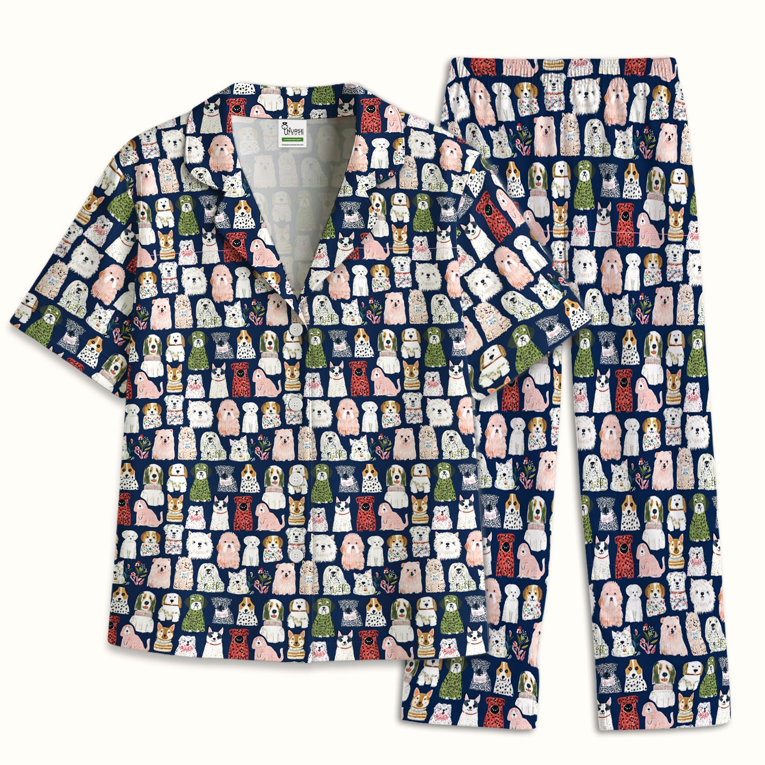 Cute Cartoon Dog Breeds Pattern Pajama Set, Breathable Fabrics Uniform