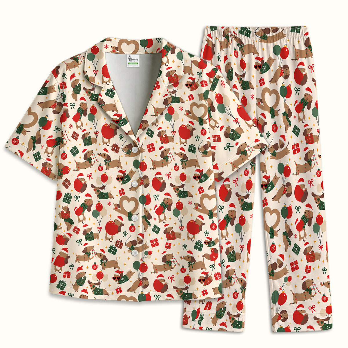 Cute Christmas Dachshund Pattern Pajama Set, Soft Breathable Fabric Comfortable Sleepwear