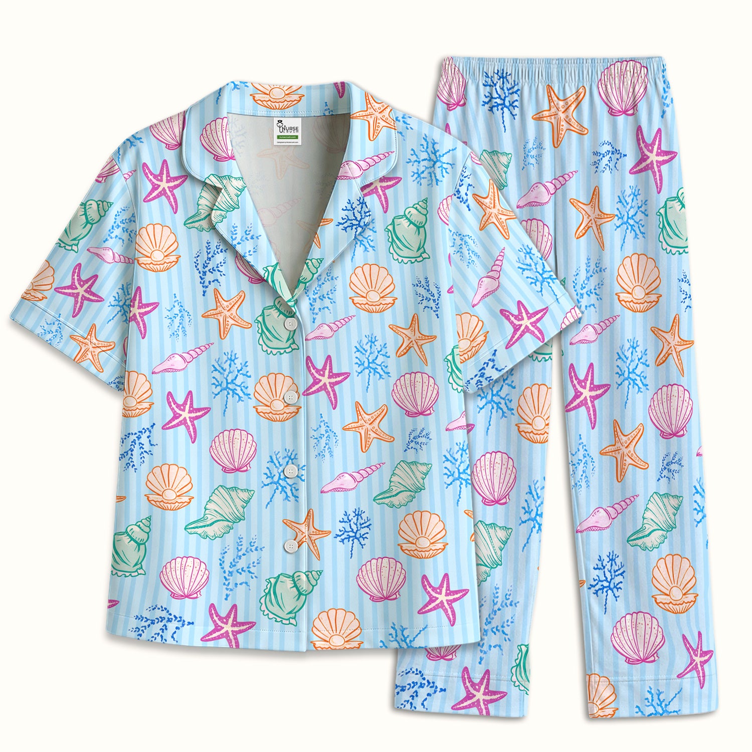 Colorful Seashell Starfish Ocean Stripe Pattern Pajama Set, Breathable Fabrics Uniform