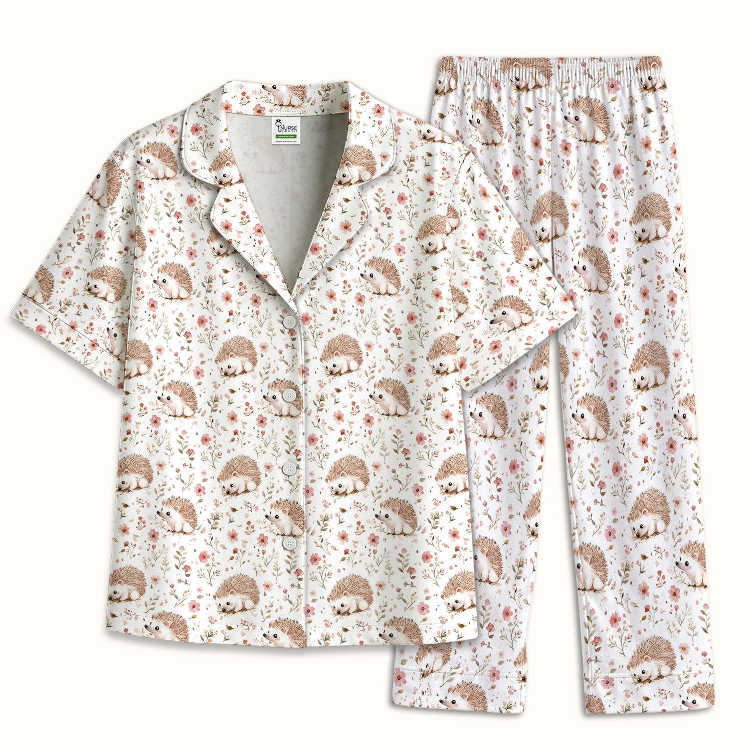 Cute Hedgehog Wildflower Garden Pattern Pajama Set, Soft Breathable Fabric Comfortable Sleepwear