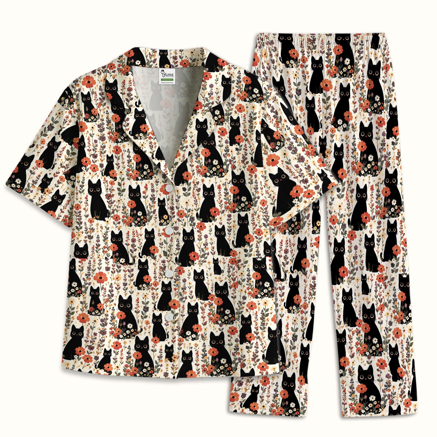 Cute Black Cat Wildflower Pattern Pajama Set, Soft Breathable Fabric Comfortable Sleepwear