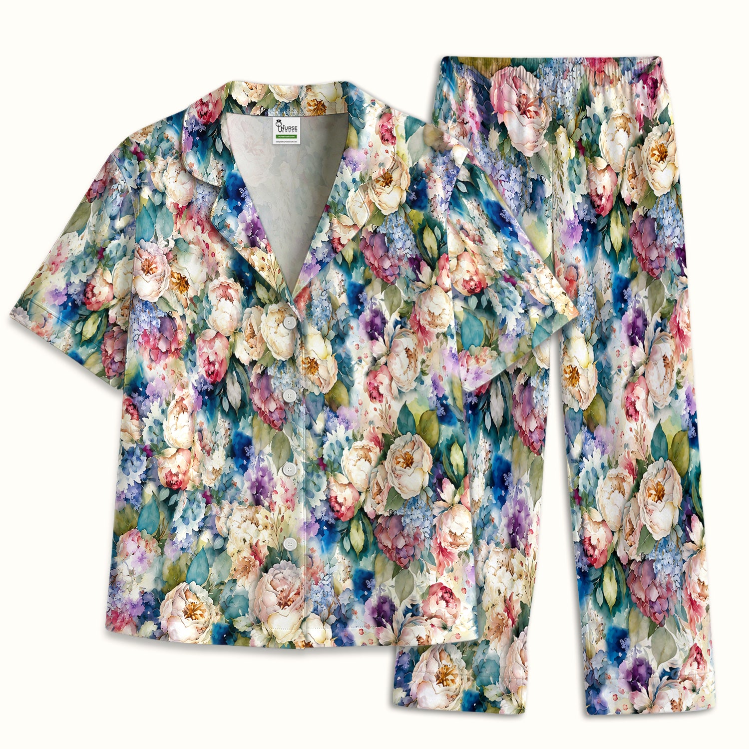 Watercolor Peony Hydrangea Floral Print Pajama Set, Soft Breathable Fabric Comfortable Sleepwear