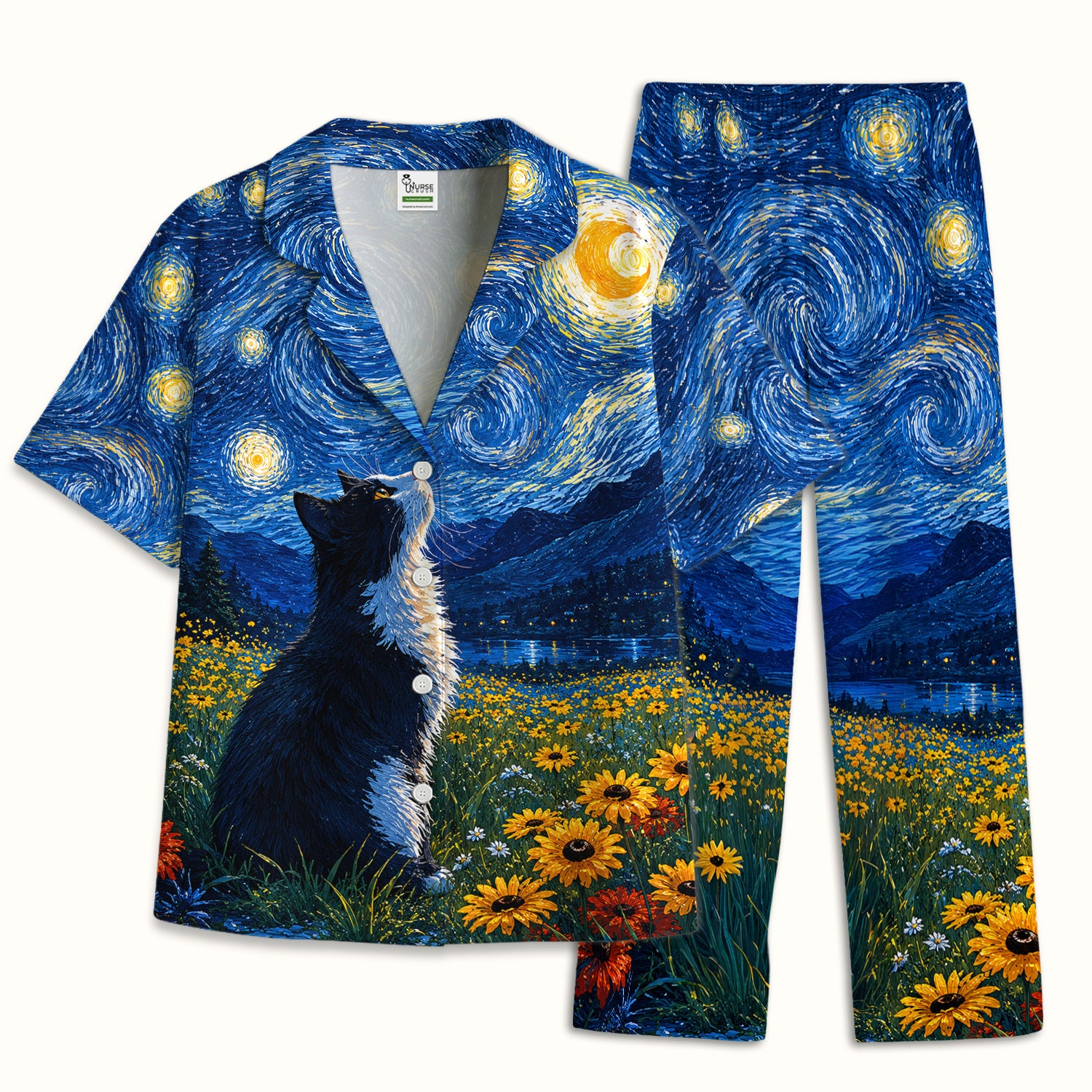 Starry Cat Night Veterinary Nurse Pattern Pajama Set, Soft Breathable Fabric Comfortable Sleepwear