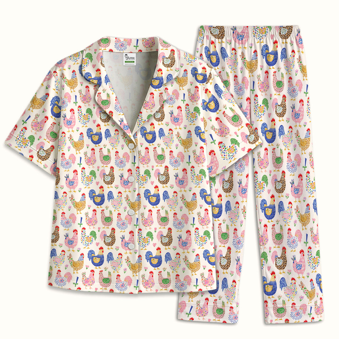 Colorful Chicken Farm Print Pajama Set, Soft Breathable Fabric Comfortable Sleepwear